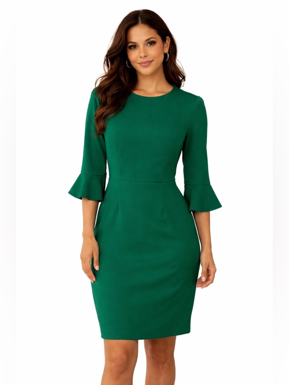 DONNA MORGAN Women’s Green Sheath Dress Ruffle Bell Sleeves Work Size 4